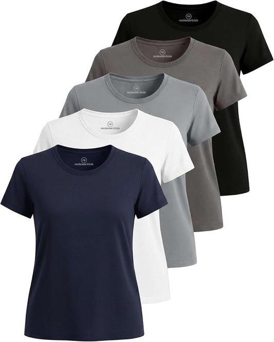 5 Pack Women's Dry Fit Short Sleeve Athletic Gym Workout Running Tops | Available in Plus Size, Exercise, Sports, Fitness, Quick Dry, Cooling, Moisture Wicking, Loose Basic Tees, Yoga, Pilates by RealEssentials