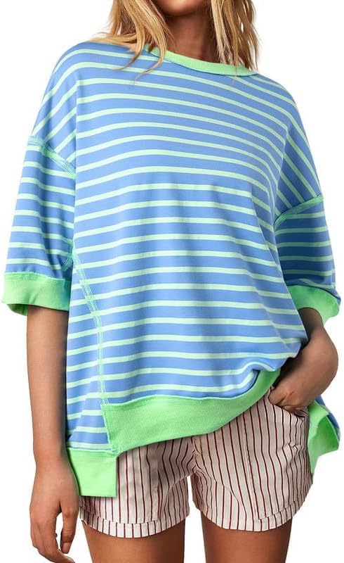 SHEWIN Womens Tops Casual Short Sleeve Sweatshirt Crewneck Striped Shirt Pullover T Shirts Loose Blouses - Image 4