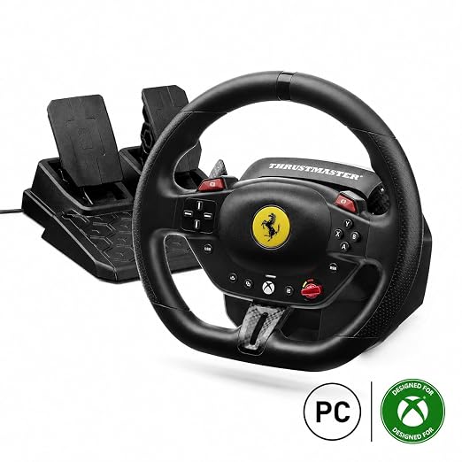 Thrustmaster T98 X Ferrari Licensed Racing Wheel & Pedal Set - XBOX & PC | 240-degree rotation, bungee-cord resistance, paddle shifters, 3 driving modes, Hall-Effect sensors, tool-free desk clamp by Unknown