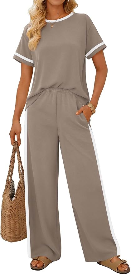 Sampeel 2 Piece Sets for Women Matching Sets Summer Outfits Resort Wear Short Sleeve Lounge Set Wide Leg Pants with Pockets - Image 2