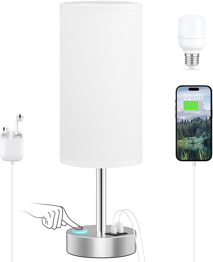 Dicoool Bedside Table Lamp for Bedroom - 3-Way Dimmable Touch Lamp, USB A+C | LED Bulb Included, 14" Small Nightstand Lamp for Desk, Living Room, Guest Room, White Fabric Lampshade, Silver Metal Base - Image 7