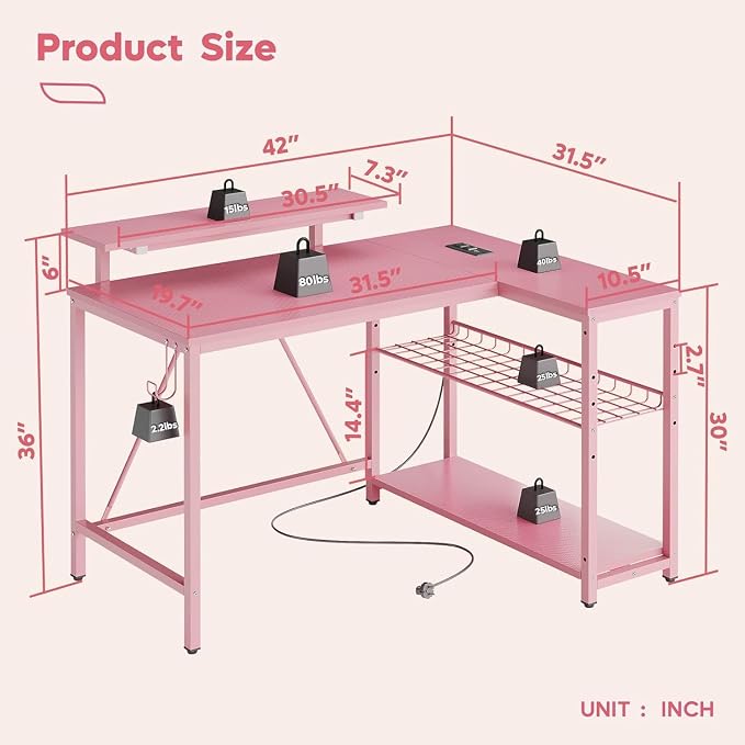 Bestier 42-Inch Pink L-Shaped Gaming Desk with Charging & LED | Charging 2AC+USB+Type-C, RGB LED 20 Colors/22 Modes, Reversible Shelves, Carbon Fiber Texture, Headset Hook, Small Space - Image 3