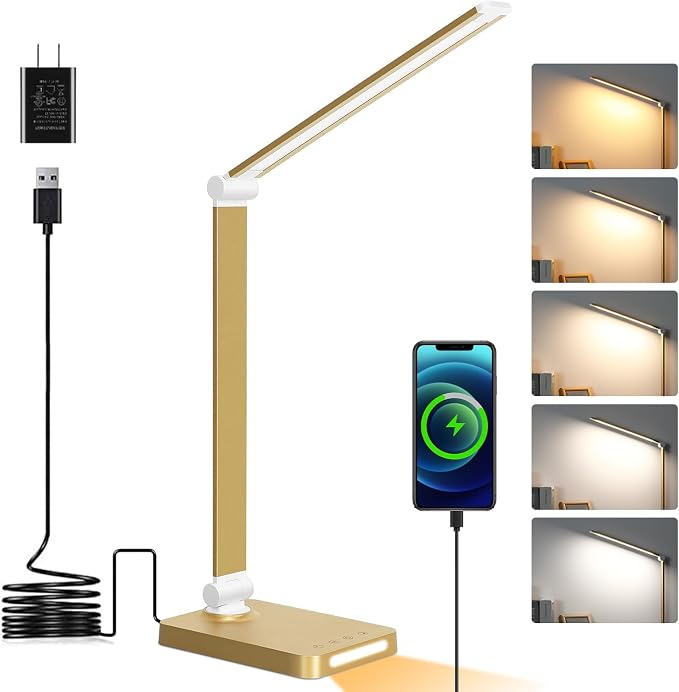 LED Desk Lamp with USB Ports,Touch Desk Lamps for Home Office with 5 Modes | 3 Brightness Desk Light with Small Night Light,Reading Lamp Table Lamp for Bedroom Bedside Study Gold （with adapter） by DottArts