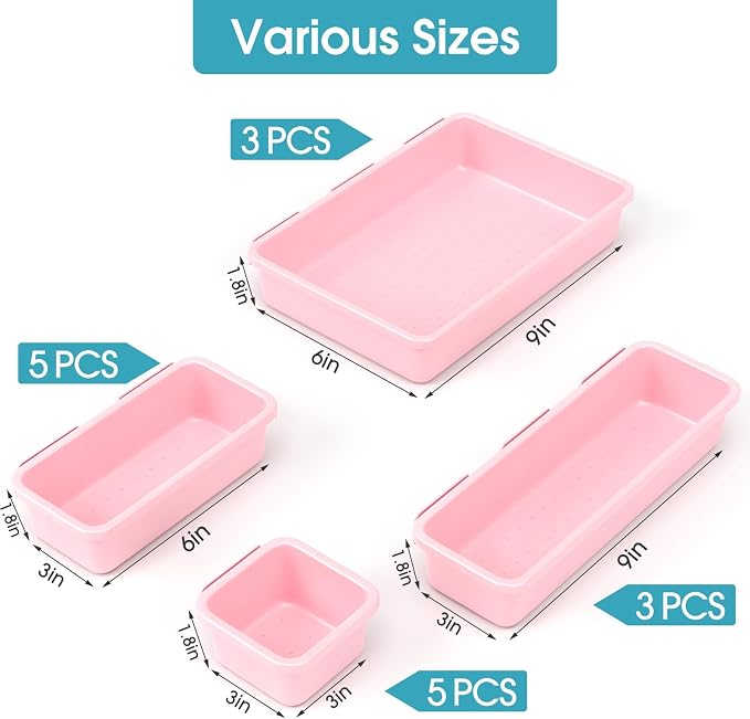 16 PCS Drawer Organizer Set, 4 Size Makeup Drawer Divider Organizer With Non-Slip Pads, Interlocking Plastic Storage Bins for Office,Jewelry Vanity,Gadgets, Bathroom,Kitchen, Pink - Image 2