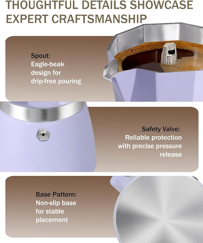 Coffee Maker Stovetop Espresso Maker 3 Cup Aluminum Moka Pot Percolator 5oz 150ml Easy Brewing for Electric Ceramic Stoves Home Camping Italian Cuban Café Classic Sip Sized Purple - Image 7
