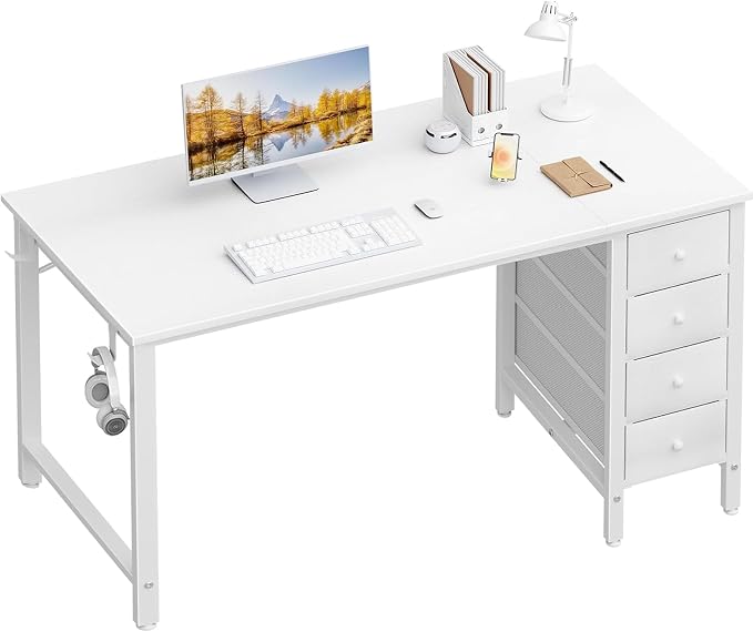Lufeiya White Computer Desk with Drawers - 55 Inch Long Study Work Writing Desk for Home Office Bedroom, Reversible Simple Modern Cute PC Desks with Fabric Drawer, White by LUFEIYA