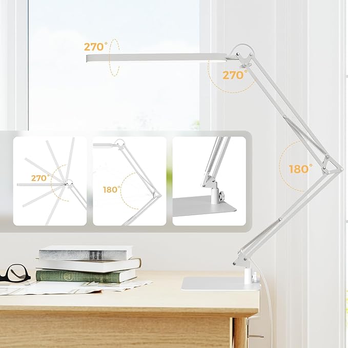 SKYLEO LED Desk Lamp with Slim Base - Adjustable Swing Arm Desk Light, Dimmable, Timer, Eye Protection, Memory Function, 1300LM, 12W, White - Image 4