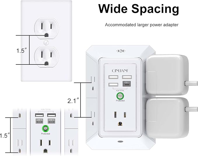 3-Sided Outlet Extender with Night Light - QINLIANF Multi Plug Outlet with 5 Outlets and 4 USB Ports(1 USB-C), USB Wall Charger for Home, Office, Travel, ETL Listed, White - Image 6