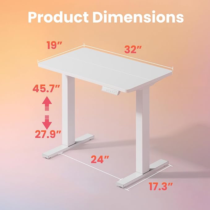 HUANUO 32x19 Inch Small Electric Standing Desk, Adjustable, White | Compact Home Office Desk, 176lbs Heavy Duty Lifting with 4 Height Presets. M8 Screw Holes Ready for DIY Mobile Wheels - Image 3