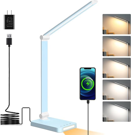 LED Desk Lamp with USB Ports,Touch Desk Lamps for Home Office with 5 Modes | 3 Brightness Desk Light with Small Night Light,Reading Lamp Table Lamp for Bedroom Bedside Study Blue （with adapter） by DottArts