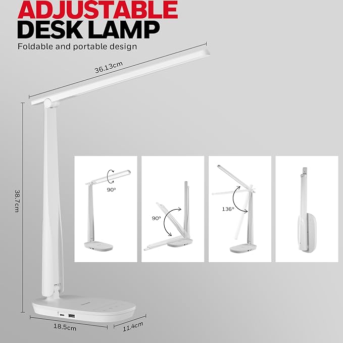 Honeywell HWT-H2 LED Desk Lamp for Home Office, CRI94 Full Spectrum Eye-Caring Light, Dimmable Table Lamp with USB-A & USB-C Charging Ports, Foldable Touch Control Reading Lamp, White - Image 3