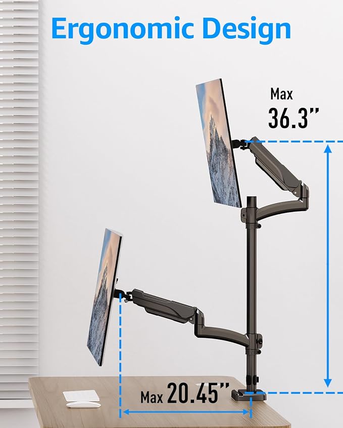 MOUNTUP Vertical Dual Monitor Mount Holds 4.4-17.6lbs, up to 32 Inch Stacked Monitor Mount with Gas Spring Arm with Clamp/Grommet Base, Dual Monitor Stand for Desk, For Home Office, VESA 75x75/100x100 - Image 8