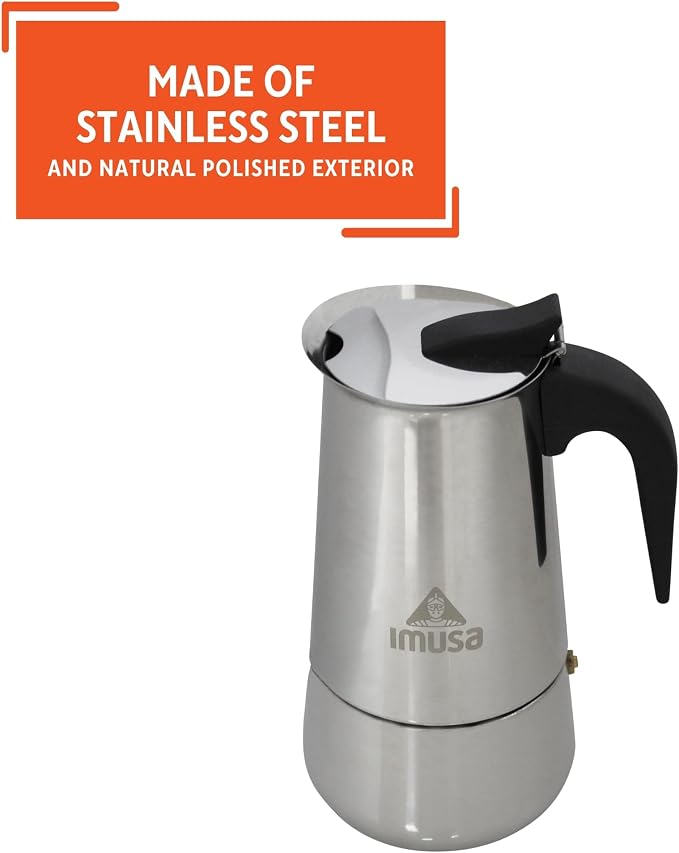 IMUSA USA B120-22062M Stainless Steel Stovetop Espresso Coffeemaker 6-Cup, Silver | Mirror-Polished Finish, Cool-Touch Handle and Flip-Up Top, Works on Gas, Ceramic, And Electric Stovetops - Image 4