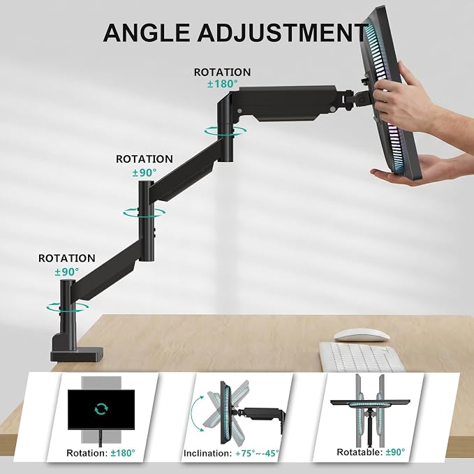 WALI Extra Long Single Monitor Arm for 17-38 inch Screens, up to 26.4 lbs | Tall Monitor Desk Mount, Full Motion with Tilt, Swivel, Rotation, C-Clamp/Grommet Base, VESA 75/100mm (GSMP001L), Black - Image 5
