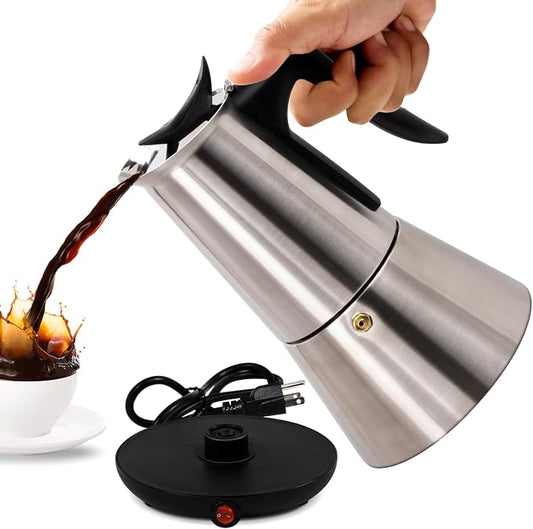 Electric Stainless Steel Moka Pot 6 Cup 300ml Mocha Pot | Espresso Maker with Detachable Base Ideal Coffee Maker for Home Italian and Cuban Café Coffeemaker Espressomaker Coffee Pot by Vaolvpant