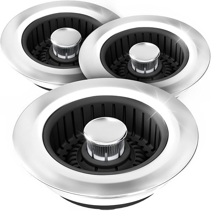 3 in 1 Kitchen Sink Drain Strainer Stopper Removable Basket Pop-Up | Kitchen Sink Accessories 3 Pack Black Stainless - Food Catcher, Odor-Blocking Seal, Fits 3.5" Drain, Easy Clean by zaa