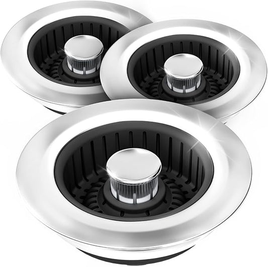 3 in 1 Kitchen Sink Drain Strainer Stopper Removable Basket Pop-Up | Kitchen Sink Accessories 3 Pack Black Stainless - Food Catcher, Odor-Blocking Seal, Fits 3.5" Drain, Easy Clean by zaa