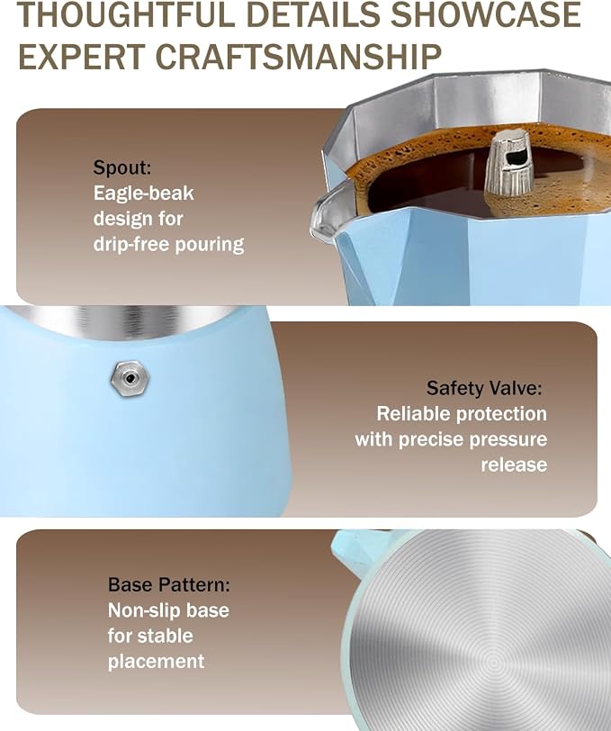 Coffee Maker Stovetop Espresso Maker 6 Cup Aluminum Moka Pot Percolator 10oz 300ml Easy Brewing for Electric Ceramic Stoves Home Camping Italian Cuban Café Classic Blue - Image 7