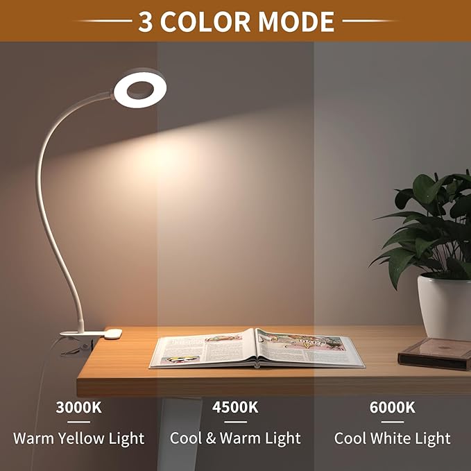 iZELL Book Light, Clip on Reading Light with Silicone Flexible Arm, Dimmable LED Lamparas Clamp on Workbench Desk for Studying Painting Crafting Drawing Makeup Nail Tech Puzzle Task - 27.6‘’ White - Image 2
