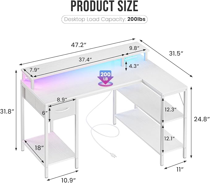 DUMOS 47 Inch Gaming Desk, Monitor Stand, LED Lights, Storage Shelves | USB Charging Ports, Power Outlets, Reversible L Shaped Corner, Small Spaces, White - Image 3