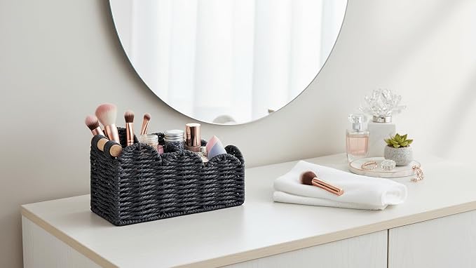 CubesLand Bedside Table Desk Organizer Caddy, Remote Pen&Pencil Holder Cup | Makeup Brush Holder w/Scalloped Perfect for Home, Office Desk, Living Room Table Decor, 3 Slots Black - Image 4