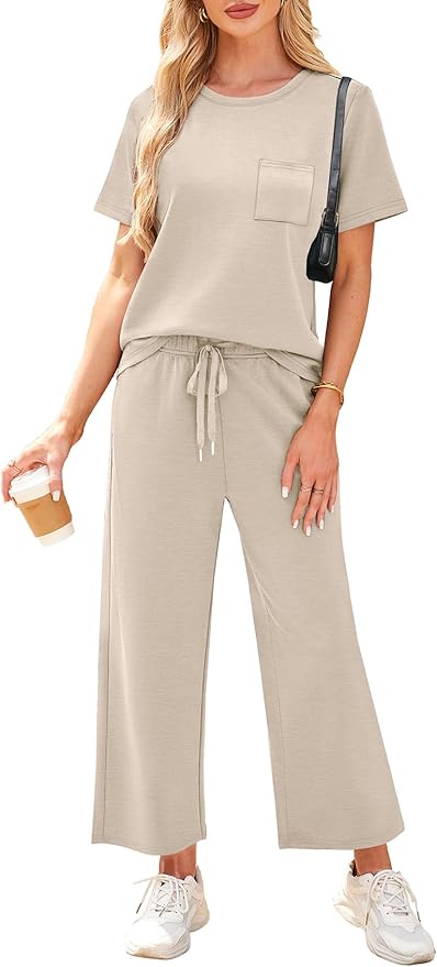 WIHOLL 2 Piece Sets for Women Casual Summer Travel Vacation Outfits Short Sleeve Wide Leg Crop Pants Lounge Sets - Image 2