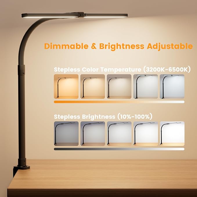 LED Desk Lamp for Home Office, 24W Computer Desk Light with Remote Control, Bright Table Lamp with Clamp Dimmable Tall Desktop Lighting with Bendable Gooseneck, Double Head, Black - Image 3