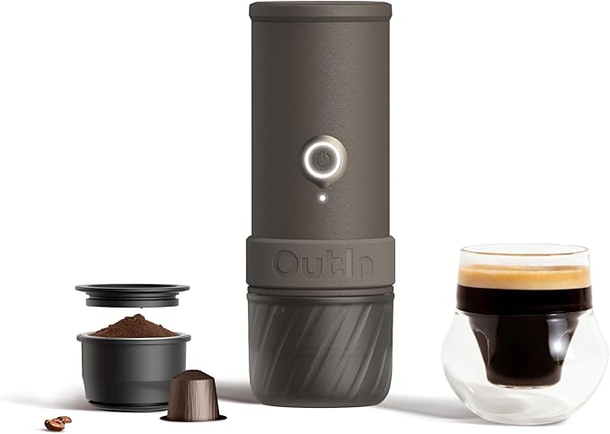 OutIn Mino Portable Electric Espresso Machine for Travel with Self-Heating | Mini Camping Coffee Maker, Pocket-Sized Coffee Machine, Ground Coffee & NS Capsule Adapter for Adventure, Tundra Brown by OutIn