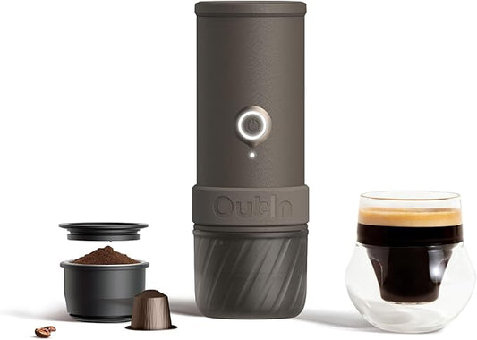 OutIn Mino Portable Electric Espresso Machine for Travel with Self-Heating | Mini Camping Coffee Maker, Pocket-Sized Coffee Machine, Ground Coffee & NS Capsule Adapter for Adventure, Tundra Brown by OutIn