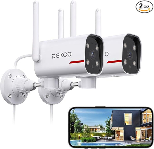 DEKCO 2 Pack Outdoor Security Camera with 2K Color Night Vision, Pan Rotating 180° Wired WiFi Camera Support 24/7 Recording, 2.4GHz WiFi, AI Human Auto Tracking, Work with Alexa/Google Assistant by DEKCO_LIFE