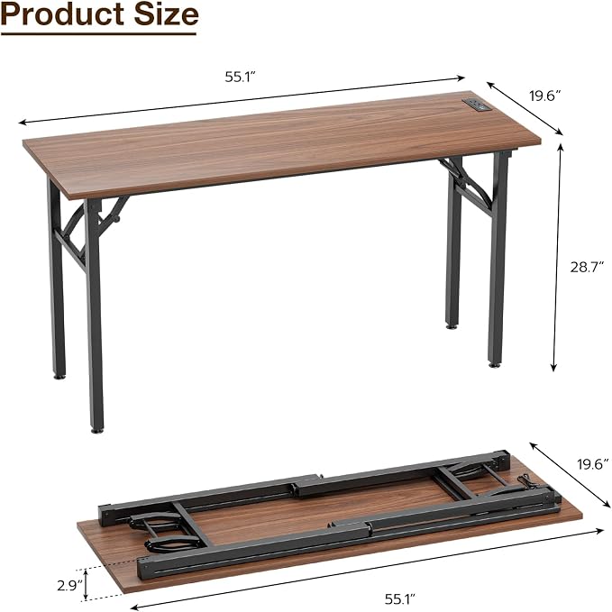 TEMI Long Computer Desk Folding Table - No Assembly, Compact 55.1" Foldable Desk with Power Outlets & USB Charging Port, Portable Lagre Office Desk, Ideal Large Study Table for Narrow Spaces, Walunt - Image 3