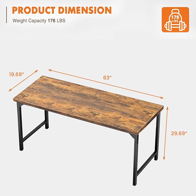 Sweetcrispy 63-Inch Small Computer Desk for Bedroom, Brown | Gaming Writing Work and Study Desk for Home Office, Sturdy Metal Frame and Compact Modern Design with X-Shaped - Image 3