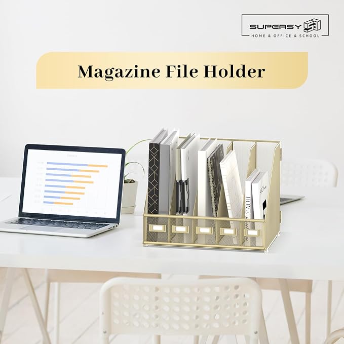 SUPEASY Desk Organizers Metal Desk Magazine File Holder with 5 Vertical Compartments Rack File Organizer for Office Desktop, Classroom, Home Workspace, Golden Yellow - Image 2