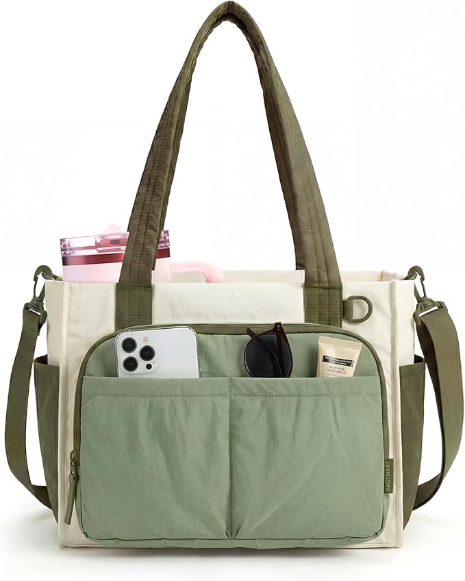 BAGSMART Small Tote Bag for Women, 13'' Laptop Canvas Work Bag with Zipper | 30oz/40oz Tumble & 11 Pockets Travel Tote, Teachers/Nurses, Lightweight Canvas or Water-Resistant Puffer Taslon Crossbody Bag by BAGSMART