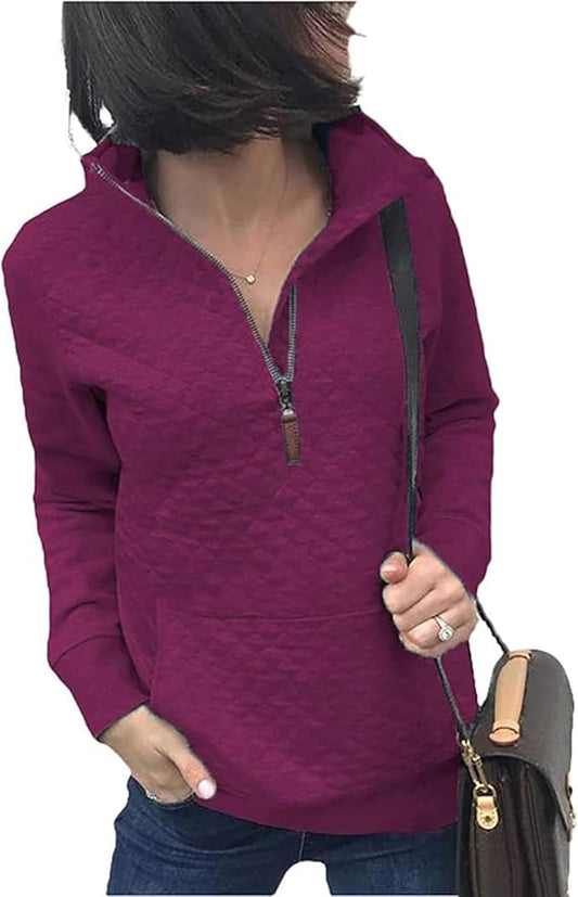 BTFBM Women Fashion Quilted Pattern Lightweight Zipper Long Sleeve Plain Casual Ladies Sweatshirts Pullovers Shirts Tops by BTFBM