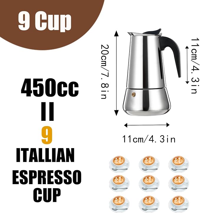 9 Cup Stovetop Espresso Maker Stainless Steel Moka Pot Stove Top Percolator Italian Coffee Makers Capable Mocha Greca Machine Cafe Classic Induction Cookers for Home and Camping 450ml 15oz - Image 3
