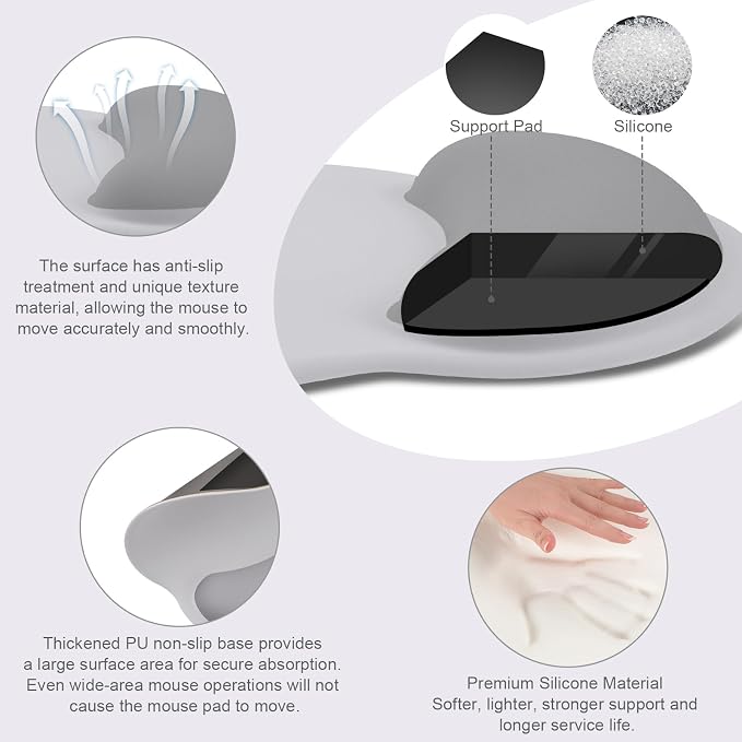MOSISO Wrist Rest Support for Mouse Pad&Keyboard Set, Gray | Circle Curved Ergonomic Mousepad Non-Slip Base Home/Office Pain Relief&Easy Typing Pad with Soft Cloth&Silicone Lining - Image 2