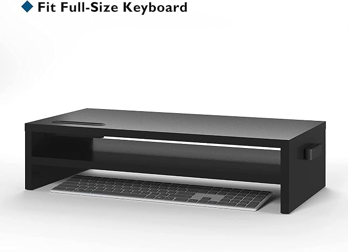 BONTEC Wood Monitor Stand Riser, 2-Tier Desktop Organizer with Storage, Ergonomic Computer Stand for Desk, Cable Management, Cellphone Holder, 21.3 Inch Shelf, Black | Ergonomic Computer Stand for Desk, Cable Management, Cellphone Holder, 21.3 Inch She... - Image 2