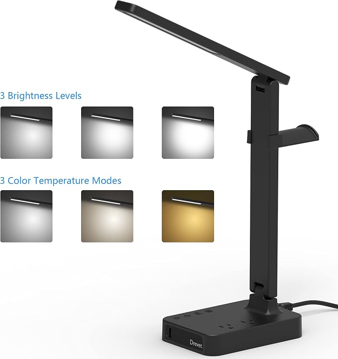 Drevet LED Desk Lamp with Headphone Stand, Desk Light with 1 USB Charging Port and 2 AC Power Outlet, 3 Lighting Modes, 3 Level Brightness,1H Timer, Memory Function, Eye-Caring Gaming Desk Lamp - Image 2