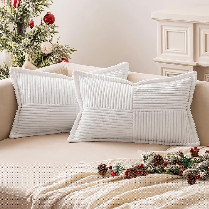 MIULEE Decorative Lumbar Throw Pillow Covers for Couch Bed Livingroom 12x20 Inch Set of 2 White Boho Accent Throw Pllows Broadside Striped Patchwork Soft Corduroy Pillowcases by MIULEE