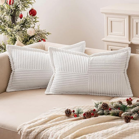 MIULEE Decorative Lumbar Throw Pillow Covers for Couch Bed Livingroom 12x20 Inch Set of 2 White Boho Accent Throw Pllows Broadside Striped Patchwork Soft Corduroy Pillowcases by MIULEE