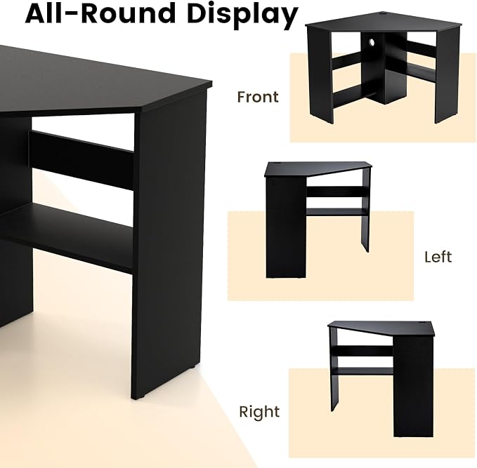 GOFLAME Corner Desk with Storage Shelves, Triangular Computer Desk with Cable Management Holes, Laptop Workstation for Small Space, Makeup Vanity Desk for Living Room, Study, Black - Image 7