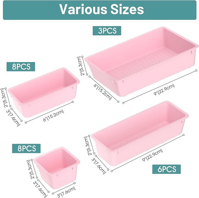 WOWBOX 25 PCS Plastic Drawer Organizer Set, 4 Sizes Desk Drawer Divider Organizers and Storage Bins for Makeup, Jewelry, Gadgets for Kitchen, Bedroom, Bathroom, Office, Pink - Image 2