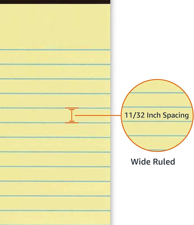 Amazon Basics Wide Ruled Lined Writing Pads, 8.5" x 11.75", Canary, 12-Pack of 50 Perforated Sheets, Sturdy Backing - Image 3