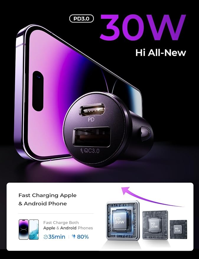 LISEN USB C Car Charger Adapter [2 Pack] [Mini & Metal] Cigarette Lighter USB Charger Fast Charging [PD QC 3.0] USBC Car Phone Charger for iPhone 15 Pro Max Plus 14 Samsung Galaxy S23 iPad Pro, Purple | Cigarette Lighter Charger, USB C Car Charger Fast... - Image 3