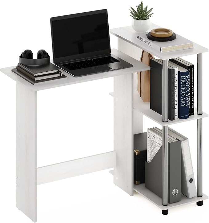 Furinno Abbott Corner Computer Desk with Bookshelf, White Oak/Chrome by Furinno-FitsYourSpaceFitsYourBudget