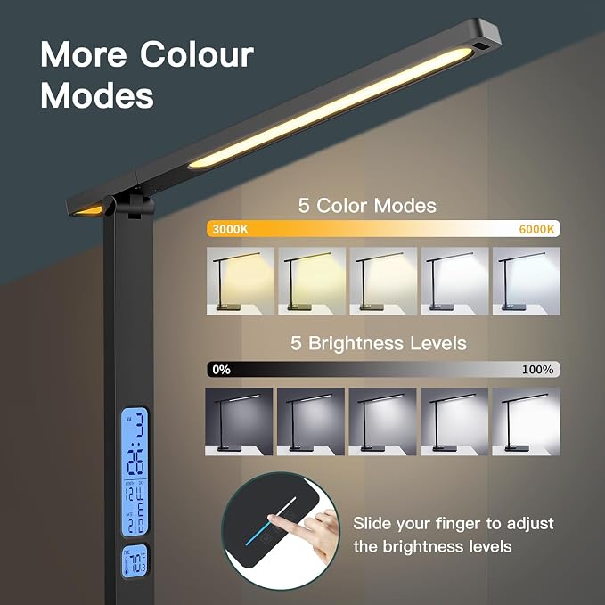 LAOPAO LED Desk Lamp with Wireless Charger: Desk Lamps for Home Office Bedroom, 5 Color Modes & Brightness Dimmable, 2 Night Light - Image 4