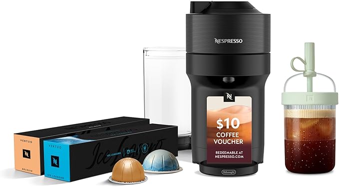 Nespresso Vertuo Pop+ Iced Coffee & Espresso Maker Bundle by De'Longhi | Iced Coffee Bundle by De'Longhi in Liquorice Black: 10 iced coffee pods, 10 Melozio pods and a travel tumbler included. by Unknown