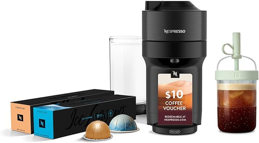Nespresso Vertuo Pop+ Iced Coffee & Espresso Maker Bundle by De'Longhi | Iced Coffee Bundle by De'Longhi in Liquorice Black: 10 iced coffee pods, 10 Melozio pods and a travel tumbler included. by Unknown