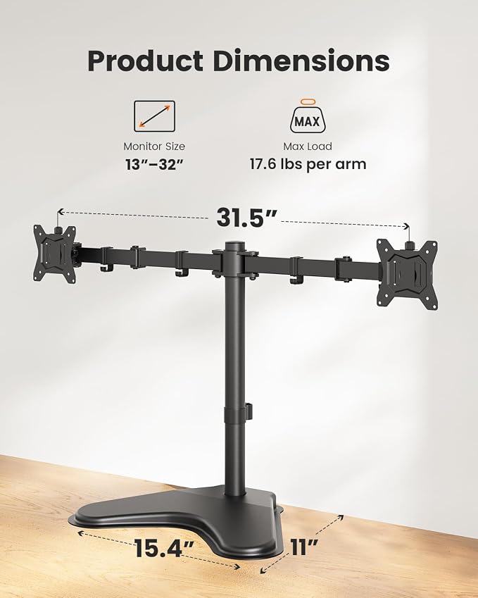 ErGear Freestanding Dual Monitor Stand for 2 Screens up to 32 inch, Heavy Duty Monitor Mount Holds Max 17.6 lbs per Arm, Height Adjustable Gaming Monitor Stand for Desk, VESA 75x75/ 100x100mm, Black - Image 2